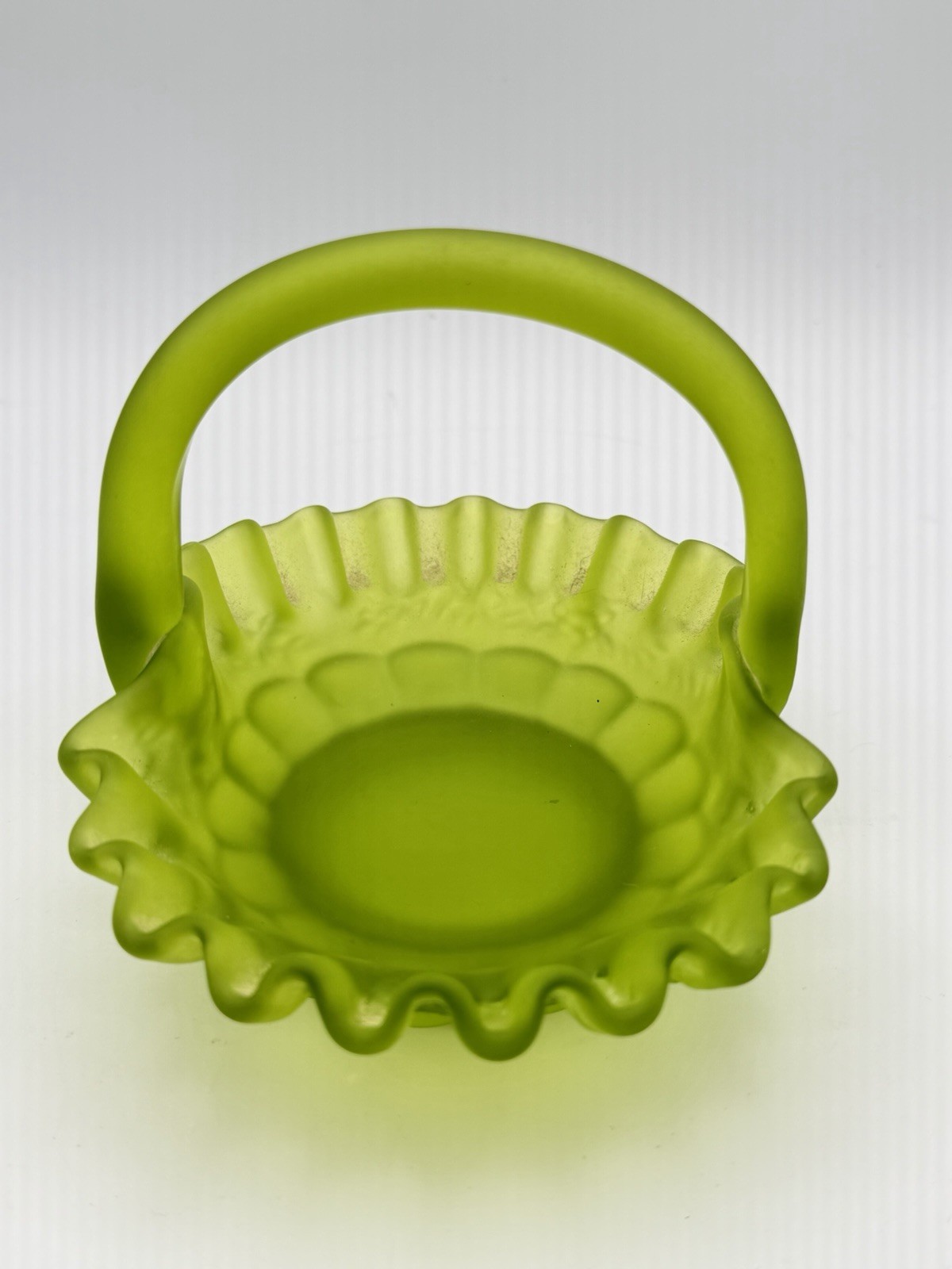 Westmoreland Frosted Green Glass Basket Handle Ruffled Rim Vintage Candy Dish