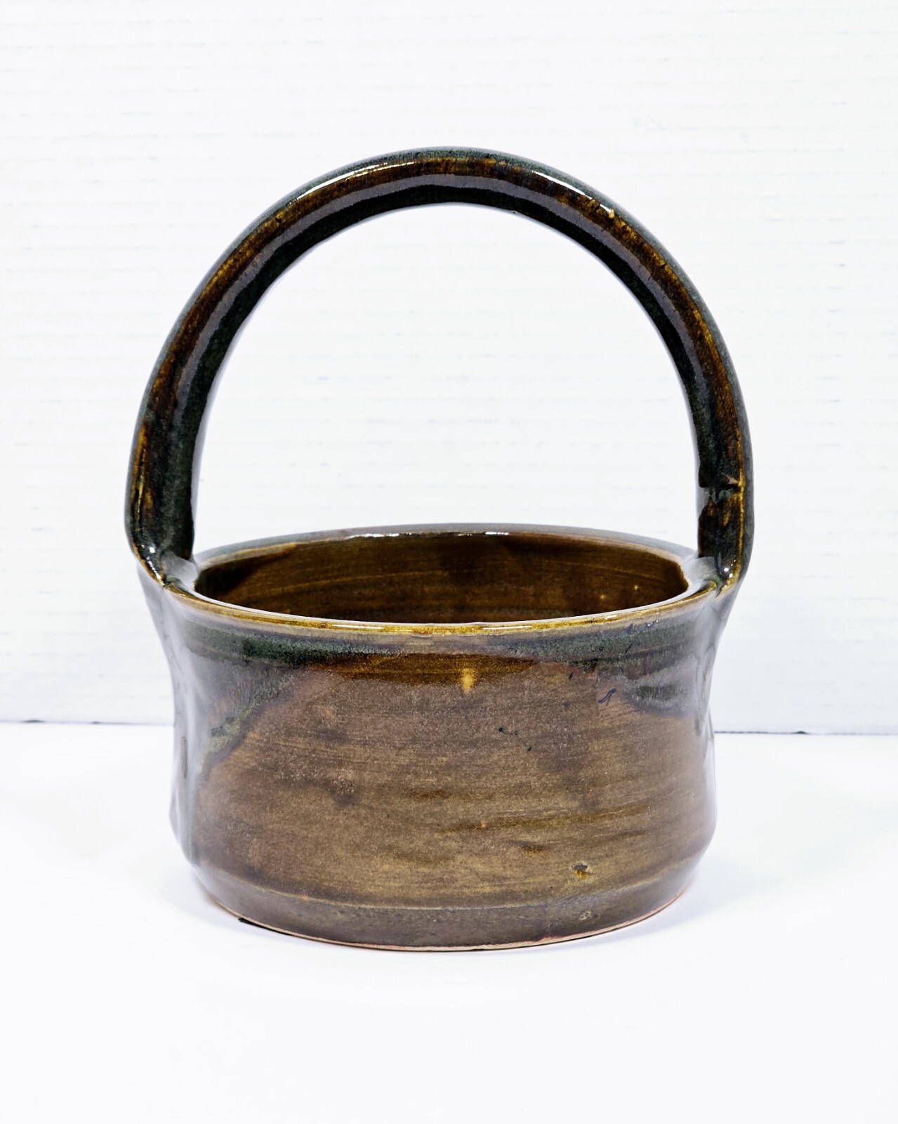 Vintage Signed Studio Art Pottery Drip Basket With Handle Ribbed Mid Century Mod