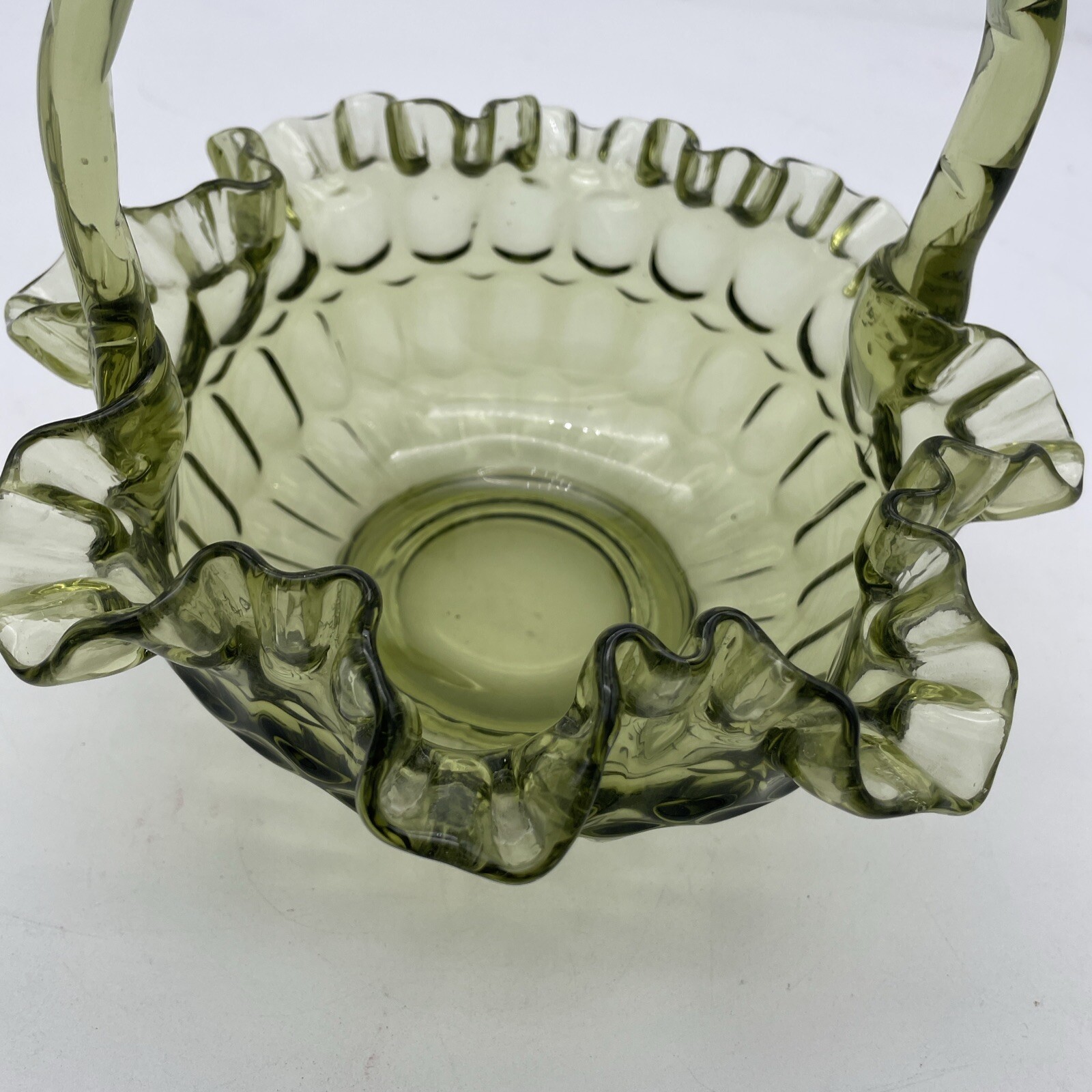 Vintage Fenton Colonial Avocado Green Glass Basket W/ Handle Ruffled Thumbprint