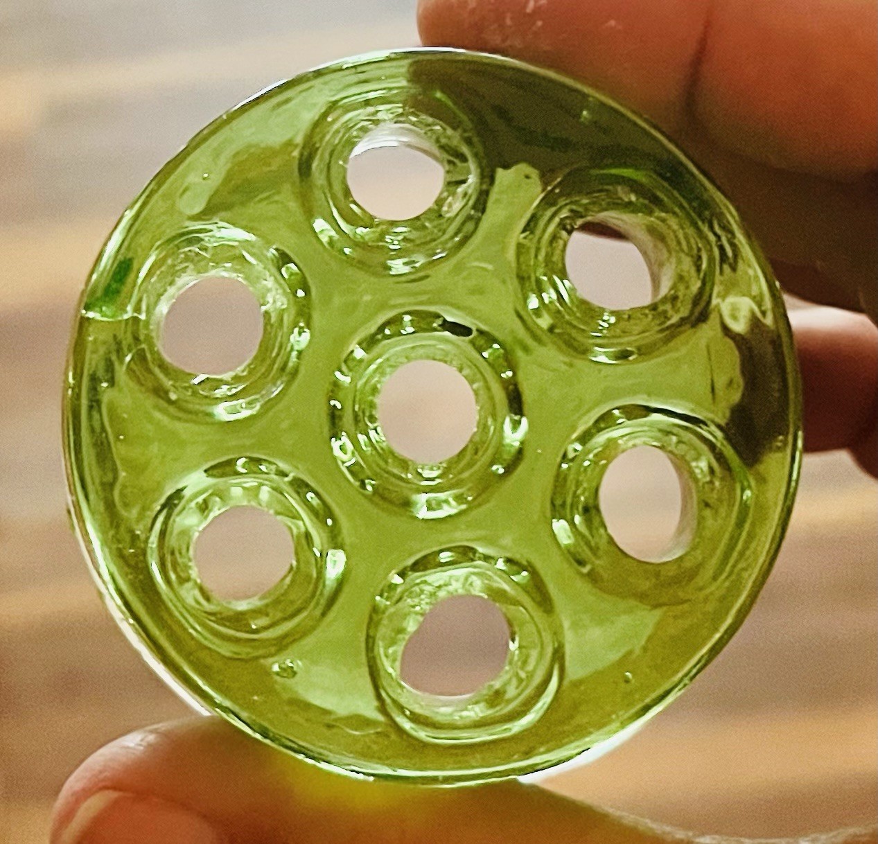 Vaseline Uranium Glass 2 3/8” Flower Frog Glows UV Green~Thick 7 holes – Clean