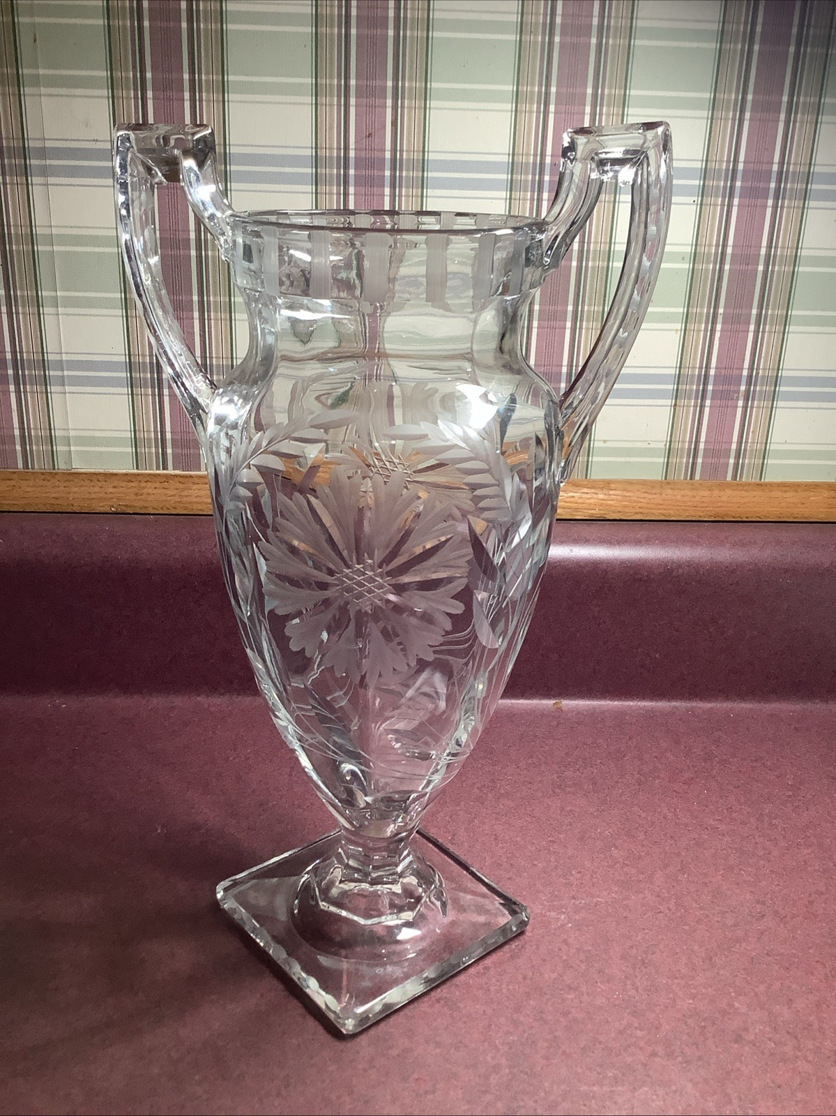 Tiffin Glass Wheat And Palm Etched Trophy Urn Double Handled Vase