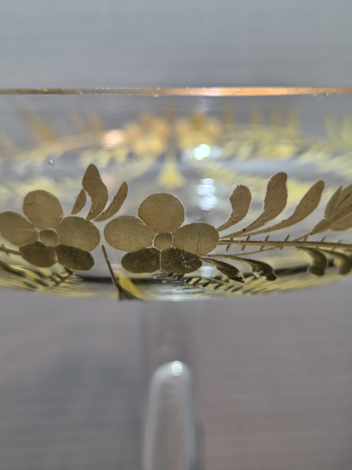 Antique Moser Tazza/ Compote Large Cut Crystal with Gold Gilt Intaglio Style 8″