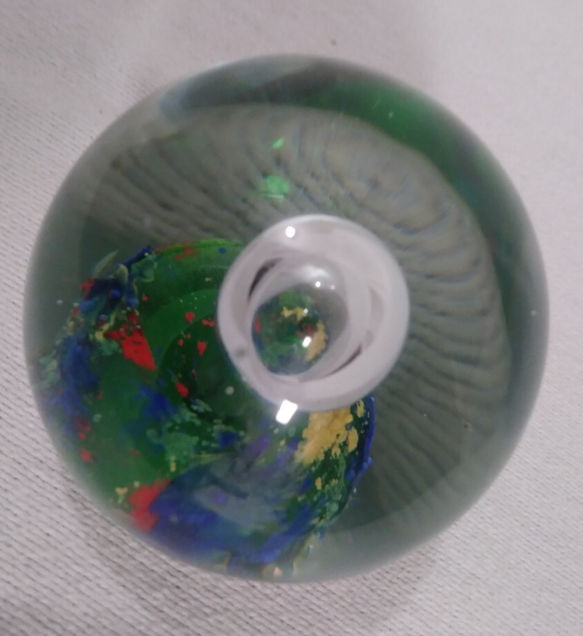 Art Glass Clear Round Glass Paperweight Bubble + Blue Red Yellow Color Splotch