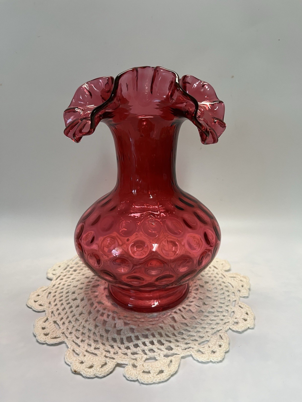Fenton Ruby Overlay Optic Dot 7” Ruffled Top Vase 1958-62 #2455