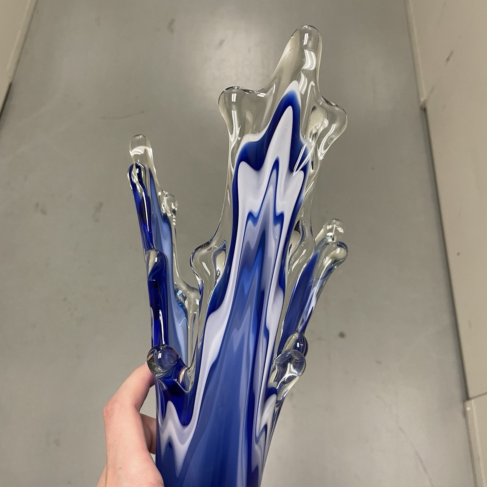 Vintage Murano Style Glass Cobalt Blue White Clear Splash Vase 15”