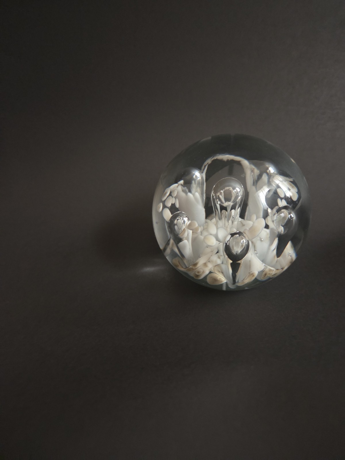 Vintage HandBlown Clear Glass Paperweight with Controlled Bubbles, White Brown