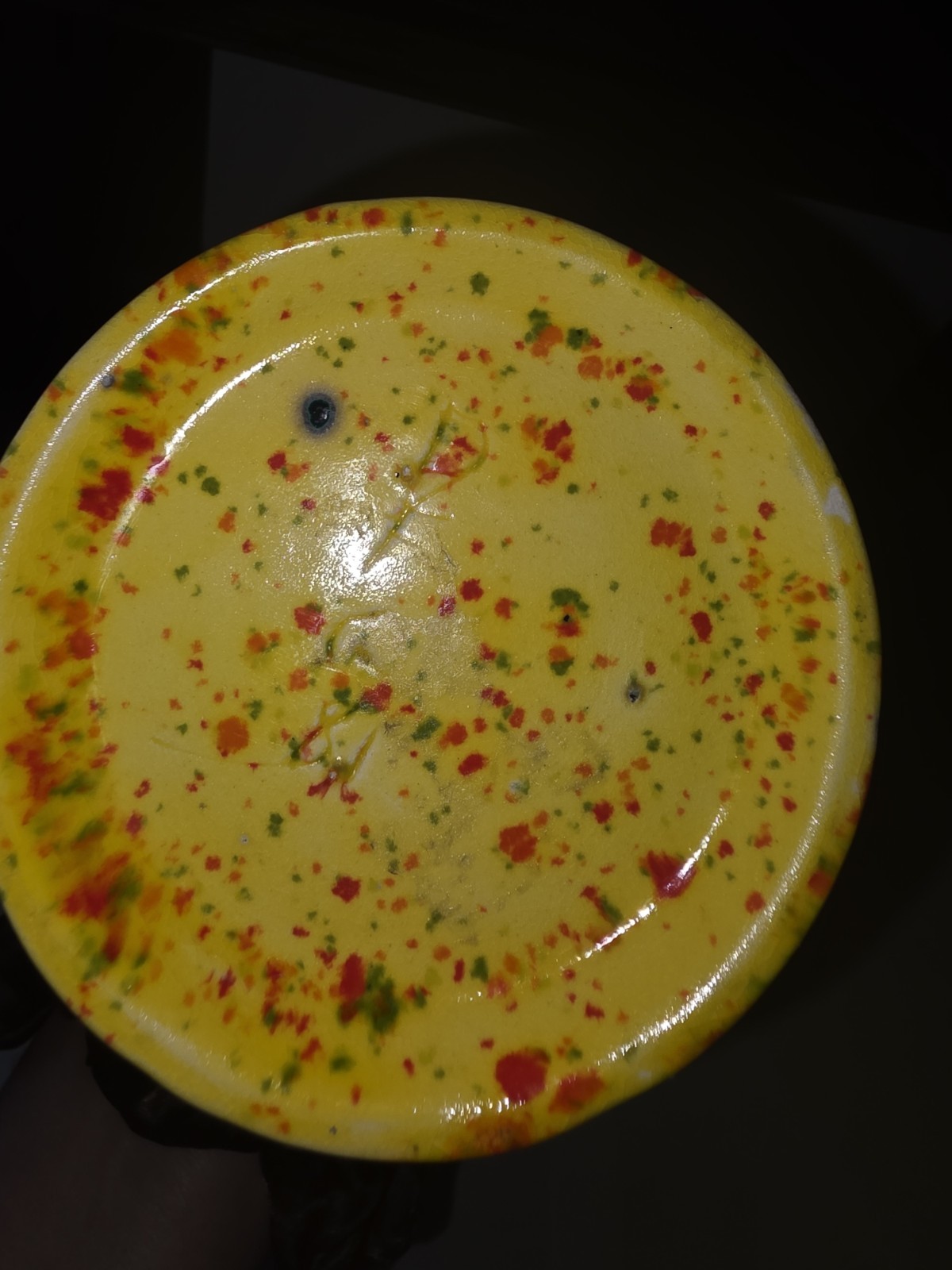 1981 Splatterware Orange Red Yellow and Green Drip Pitcher Vase. Signed