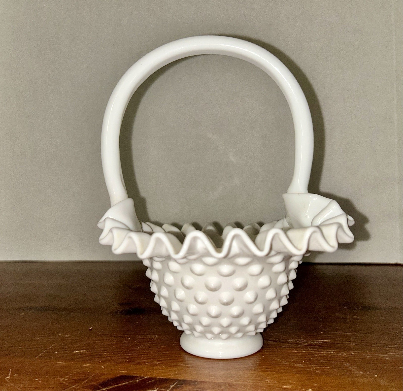 White Milk Glass Hobnail Pattern Ruffled Rim Basket 9”