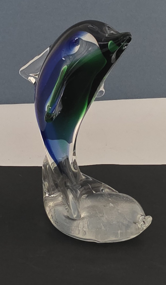 Art Glass Dolphin Figurine Paperweight 6” Green Blue Clear Unbranded