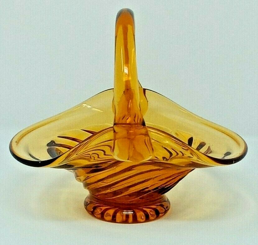 Amber Elegant Glass Basket with Applied Handle swirl pattern made in Italy euc
