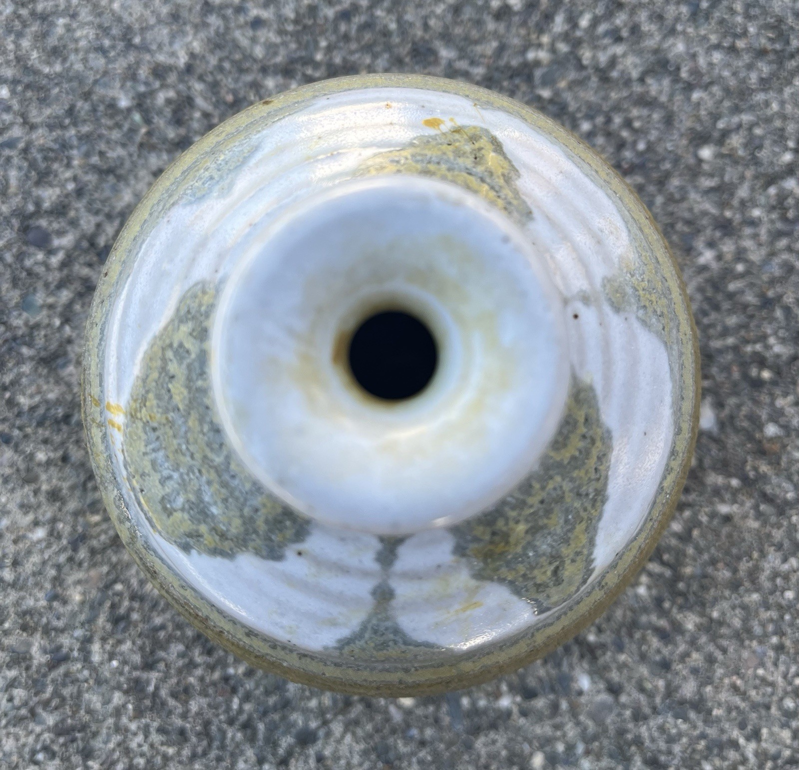 Vintage Pottery Green White Bud Vase 3.50″H 3.50”D Signed