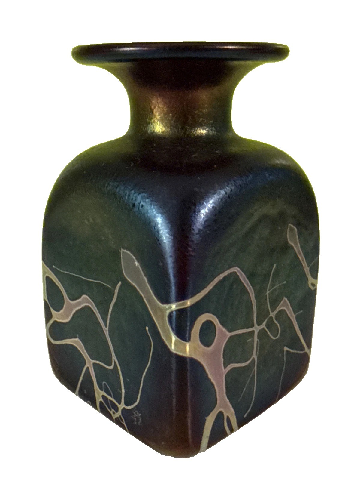 Robert Held Art Glass Purple Bud Vase Iridescent Swirl Design Signed, 4 3/8”