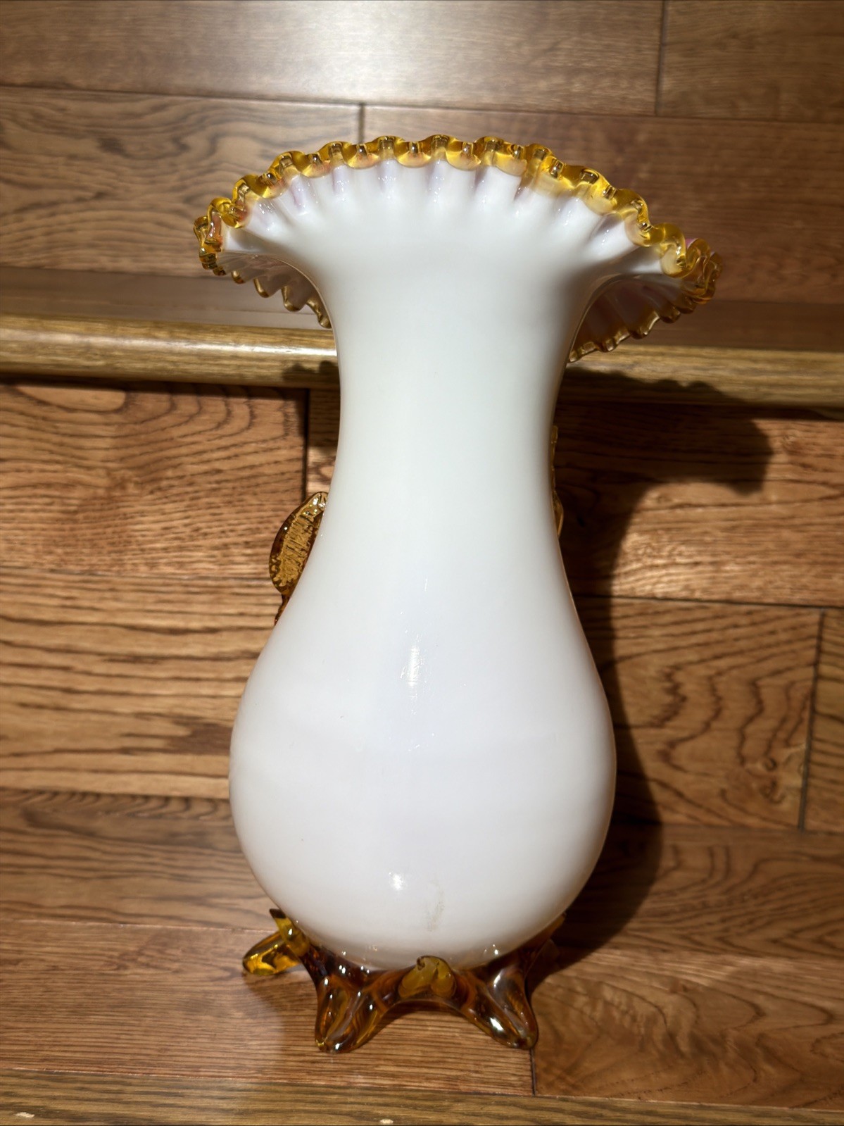 Vintage Pink Ruffled Art Glass Vase Applied Amber Leaves Uranium Glass UV Glow