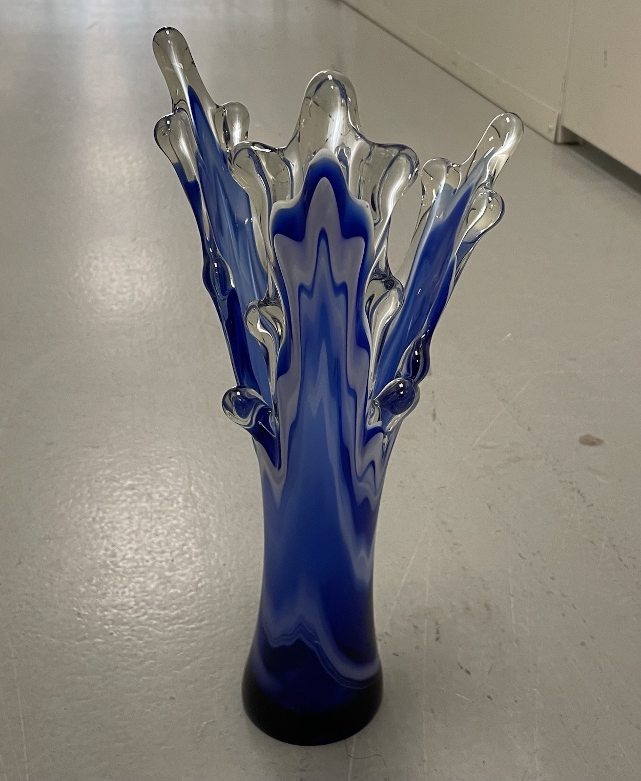 Vintage Murano Style Glass Cobalt Blue White Clear Splash Vase 15”
