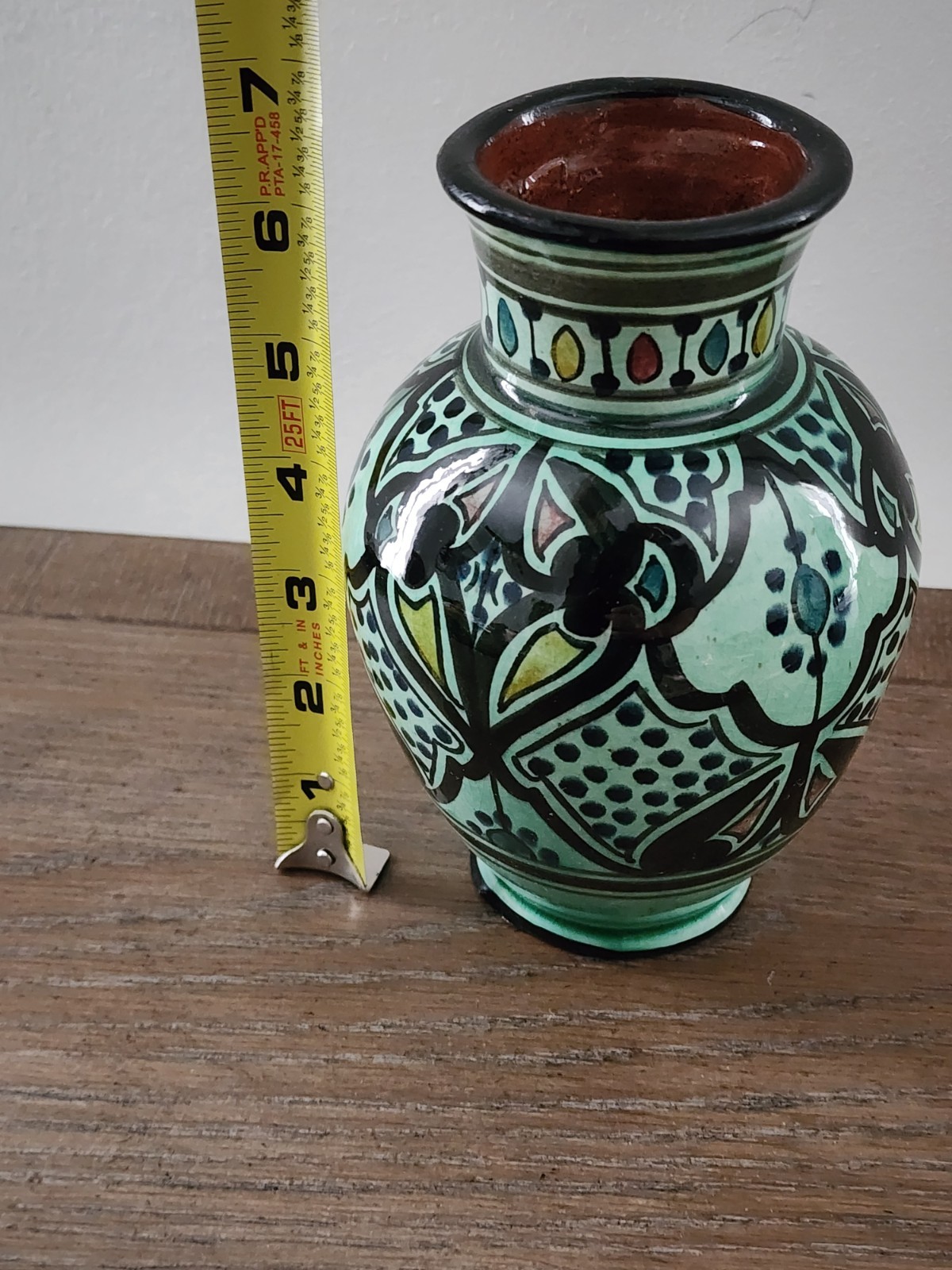 Vintage Signed Safi Moroccan Morocco Hand Painted Glazed Terracotta Vase 6.75″