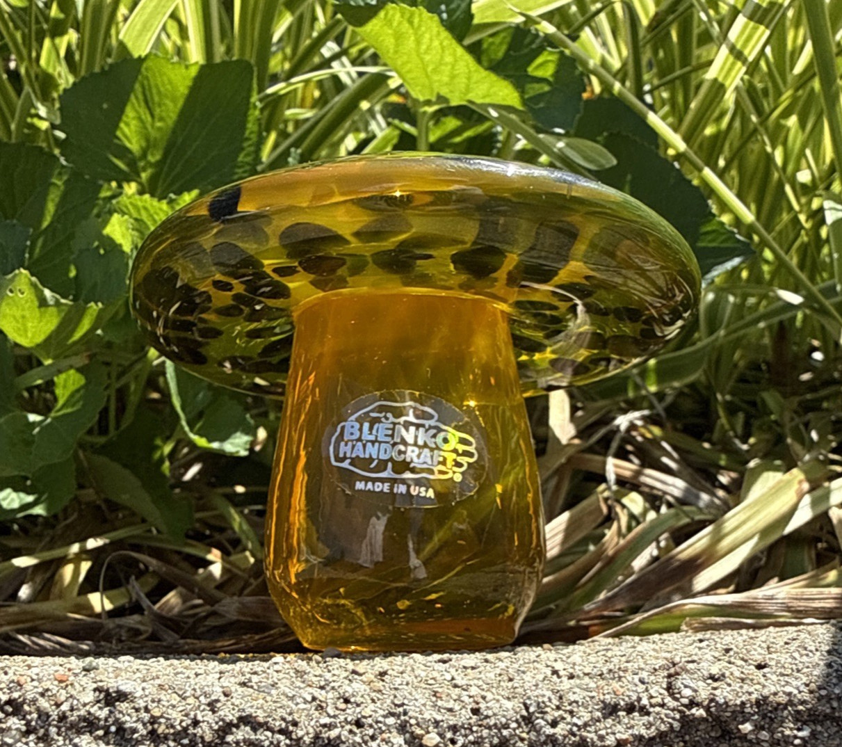 Blenko Glass Mushroom Paperweight – Citrine with Dark Spots