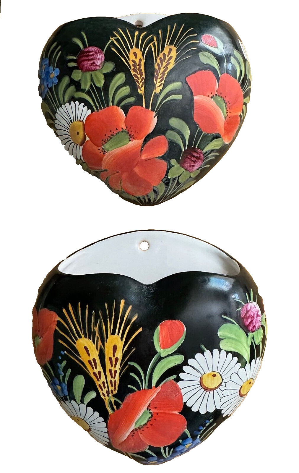 Czech Heart Wall Pocket Ceramic Heart Black Floral Chodovia Hand Painted 2