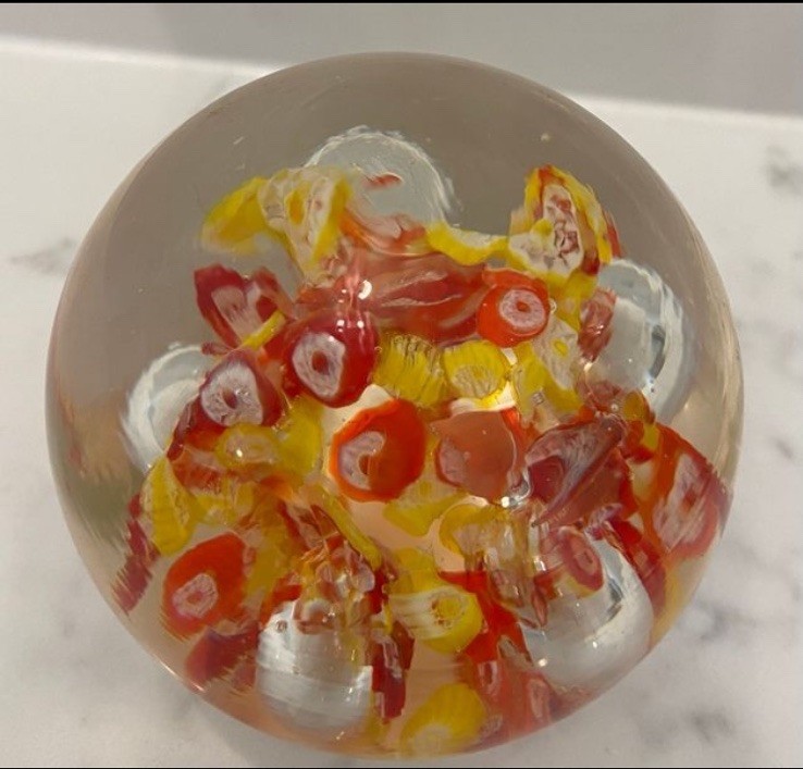 Murano Italian Glass Paperweight Faceted With Millefiori Orange And Yellow EUC