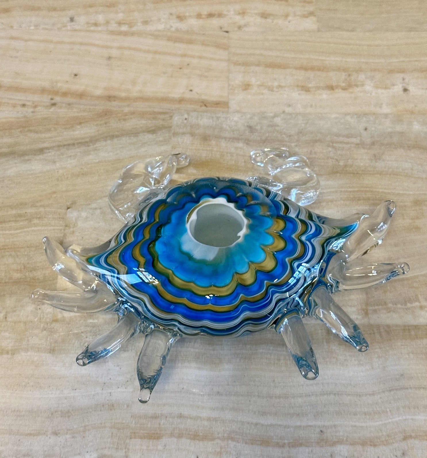 Hand Blown Glass Crab Figurine/Ocean/Beach/Sea Decor-Blue/Yellow/White-7”
