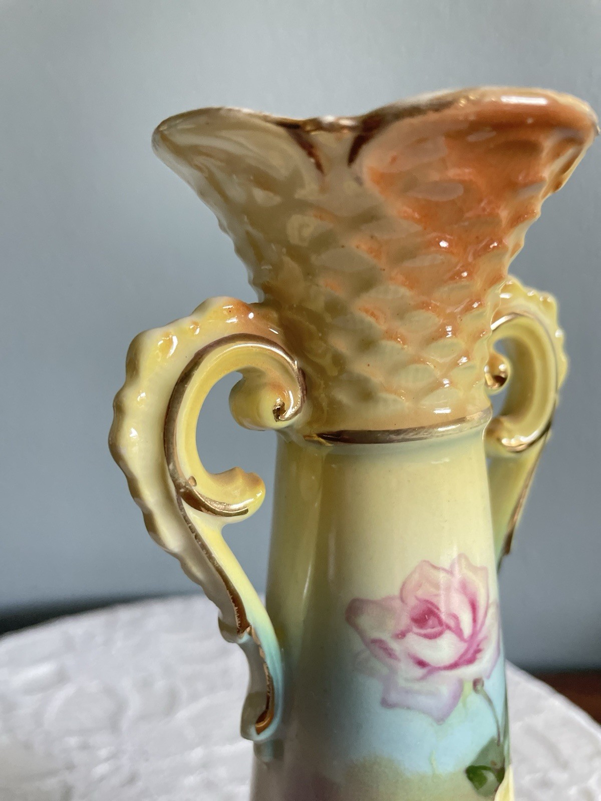 Antique Austria Hand Painted Floral Rose Porcelain Vase Handled 8”