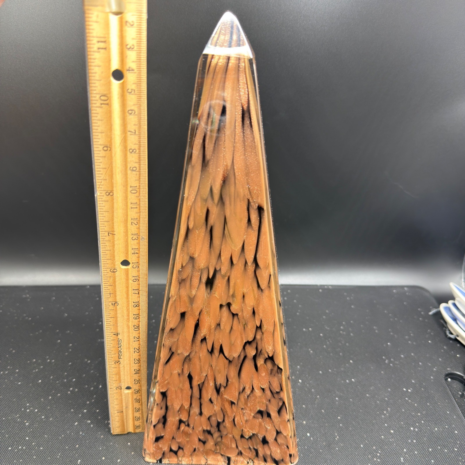 Art Glass Obelisk Paperweight Copper Glitter Black Swirl Heavy Pyramid 11.5 Inch