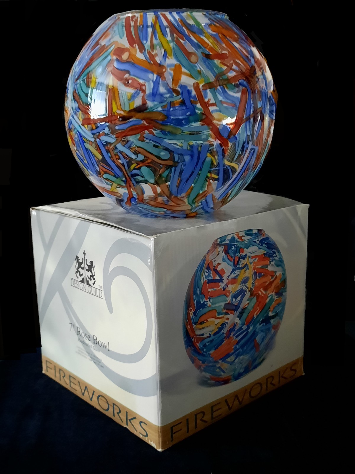 NIB Design Guild *7″ Rose Bowl Fireworks* Stunning Colorful Handcrafted Glass
