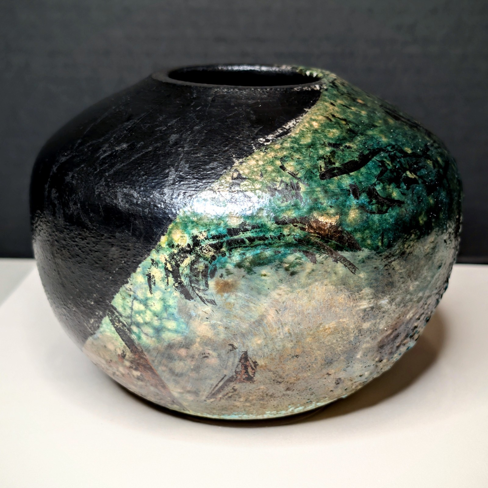 Raku Solar Eclipse Ellipse Vessel Split Glaze Metallic Matte Black Moss Green