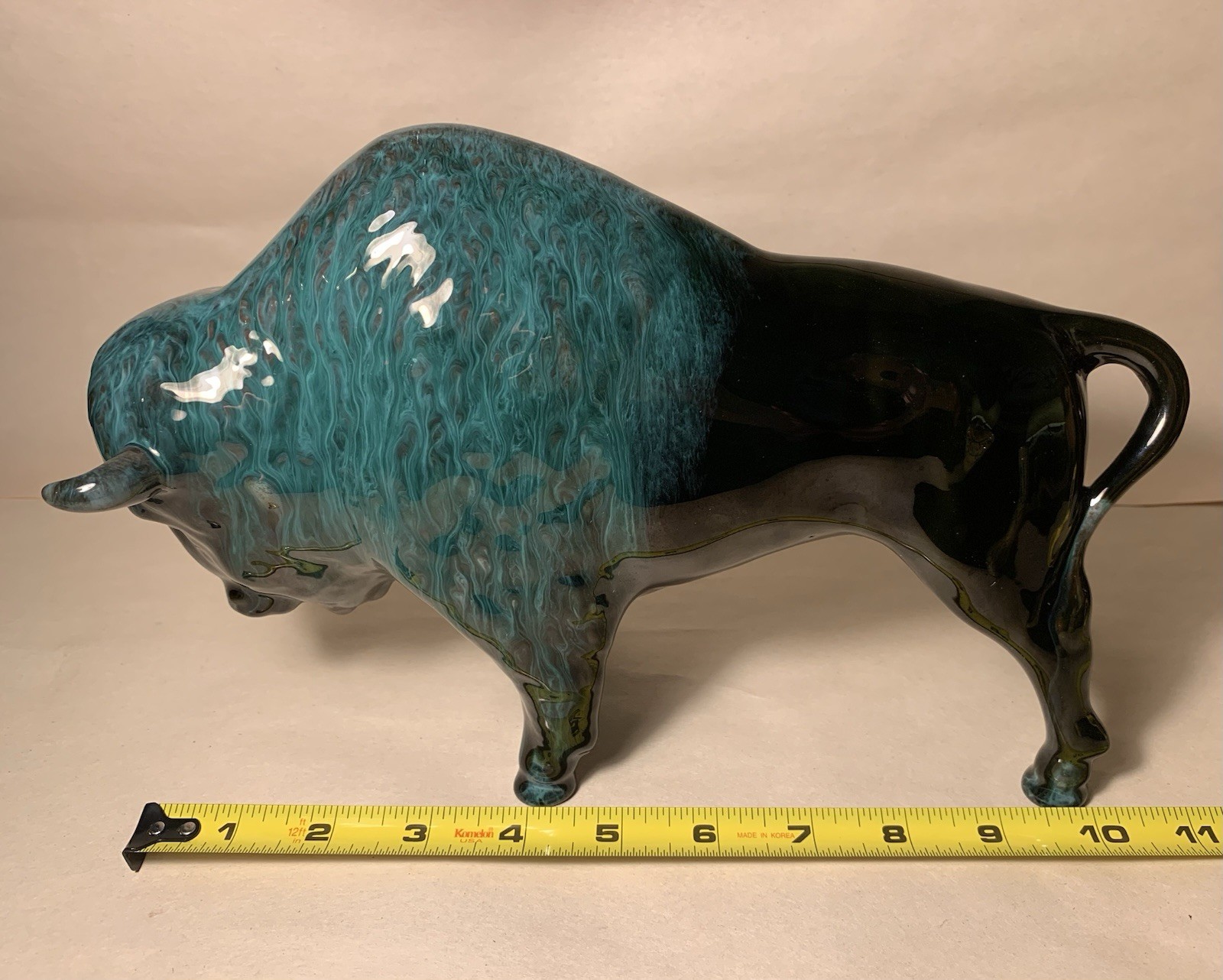 Blue Mountain Pottery Bison Buffalo BMP Canada Blue Green Drip Glaze Ceramic Art
