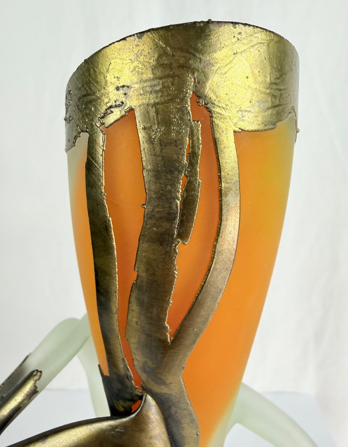 Art Glass Vase Studio Signed Fused Bronze Orange Frosted Vasile Vardan Style VTG