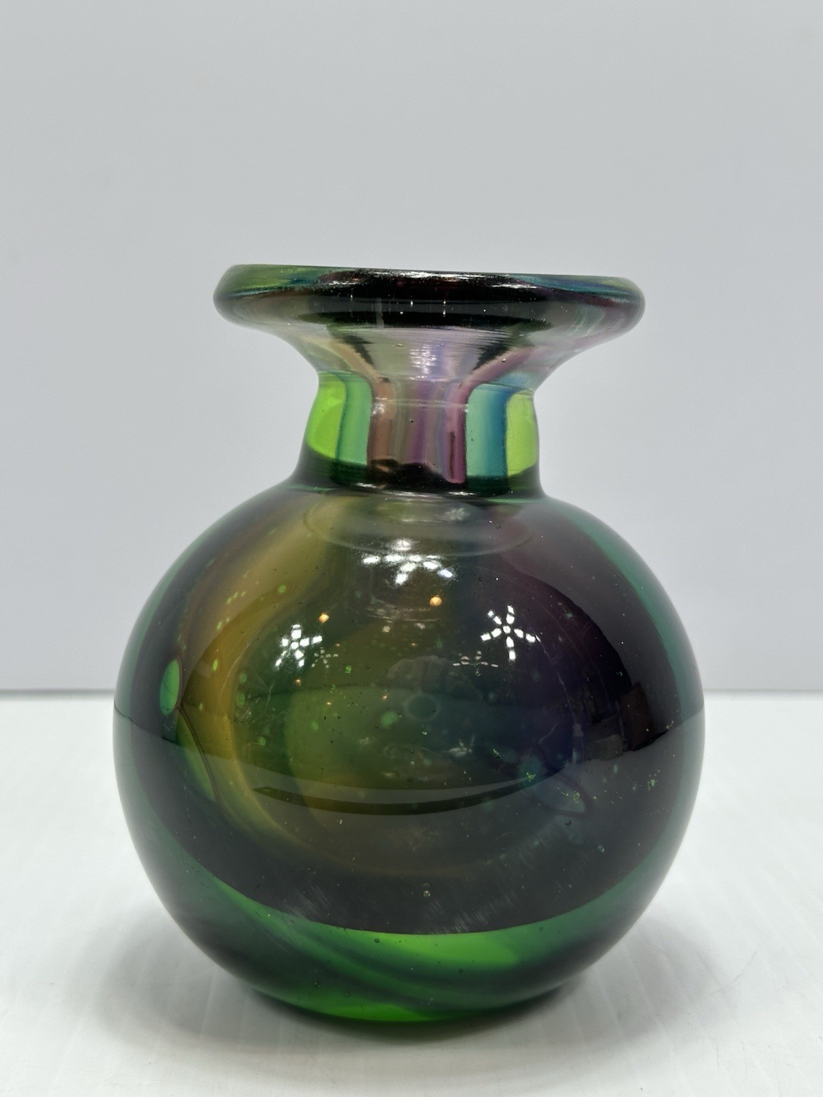 Heavy Ball Art Glass Bud Vase Green Outside Purple Inside 4.5 Inches Tall