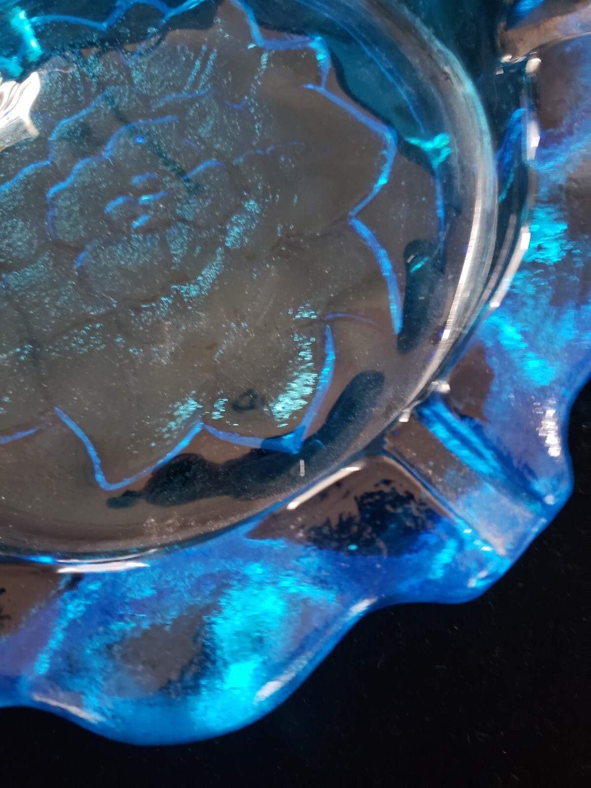 Vintage Heavy Blue Indiana Glass Ashtray Floral Bottom Tiara Lotus 4.6 lb 9.5 in