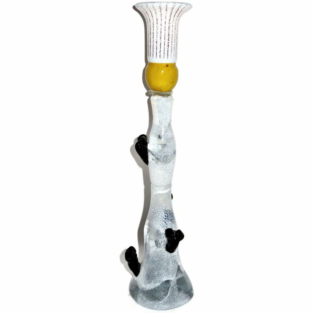 Art Glass White & Yellow Hand Made Single Candlestick Holder, 13 3/8″