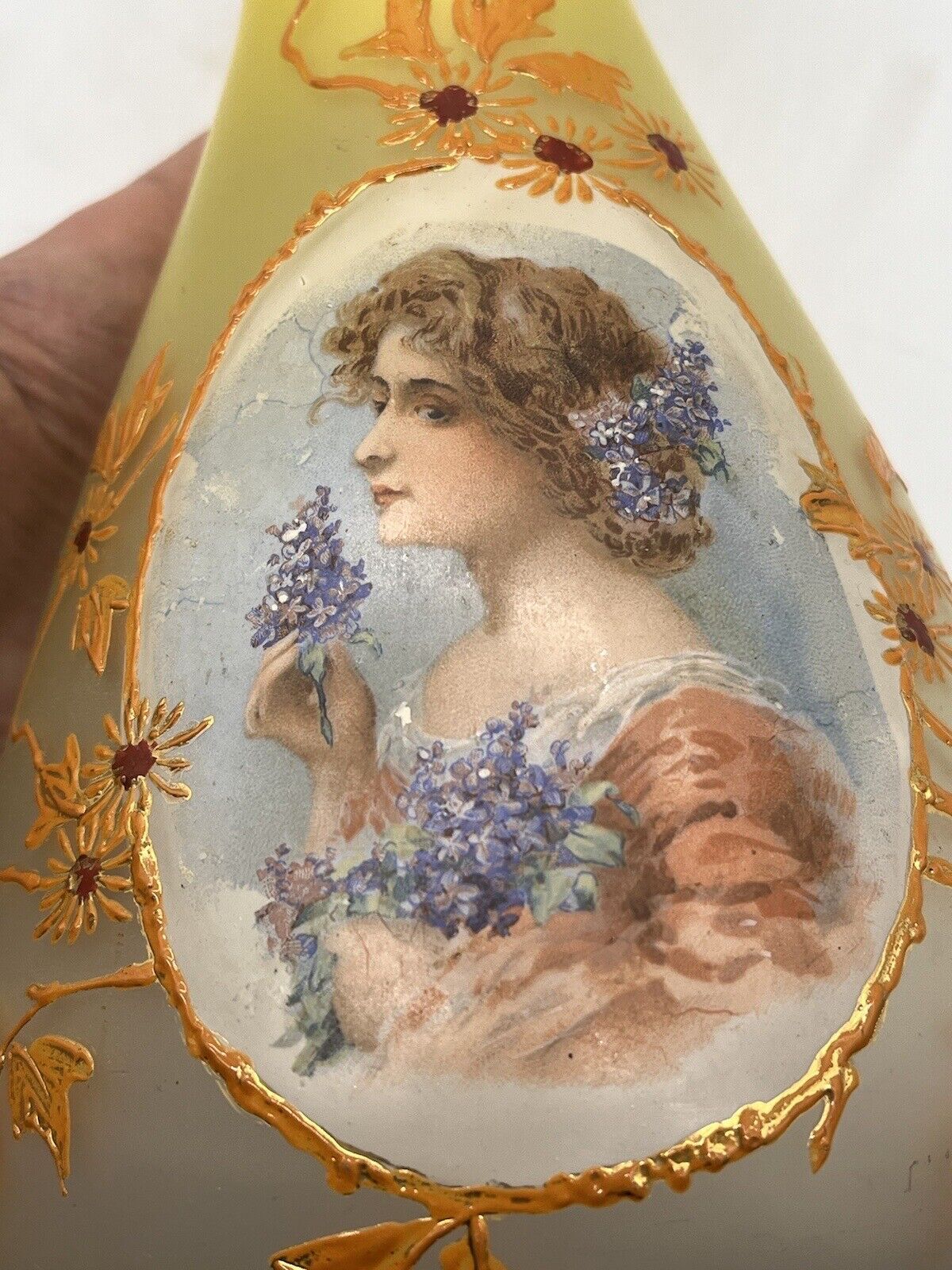 Antique Bohemian or French Glass Portrait Vase Enamel Victorian Flowers
