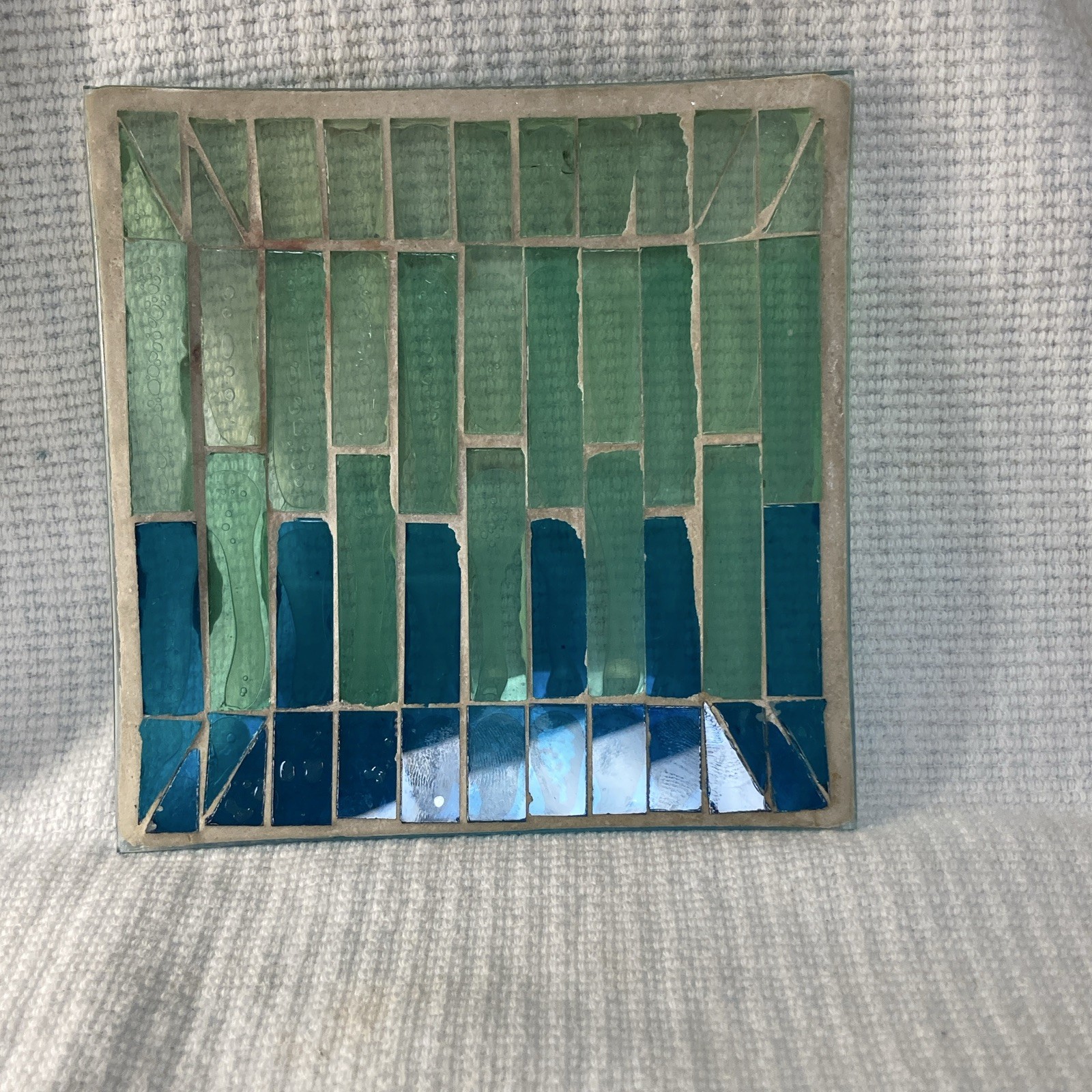 Green & Blue Stained Glass 5×5 inch – Abstract Geometric, Framed Translucent