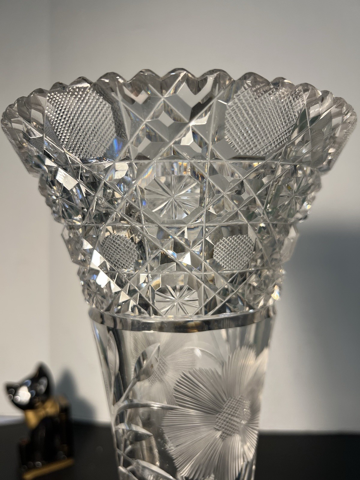 American Brilliant Period 1900s Cut Glass Corset Vase Floral Engraving, 6.5×16”