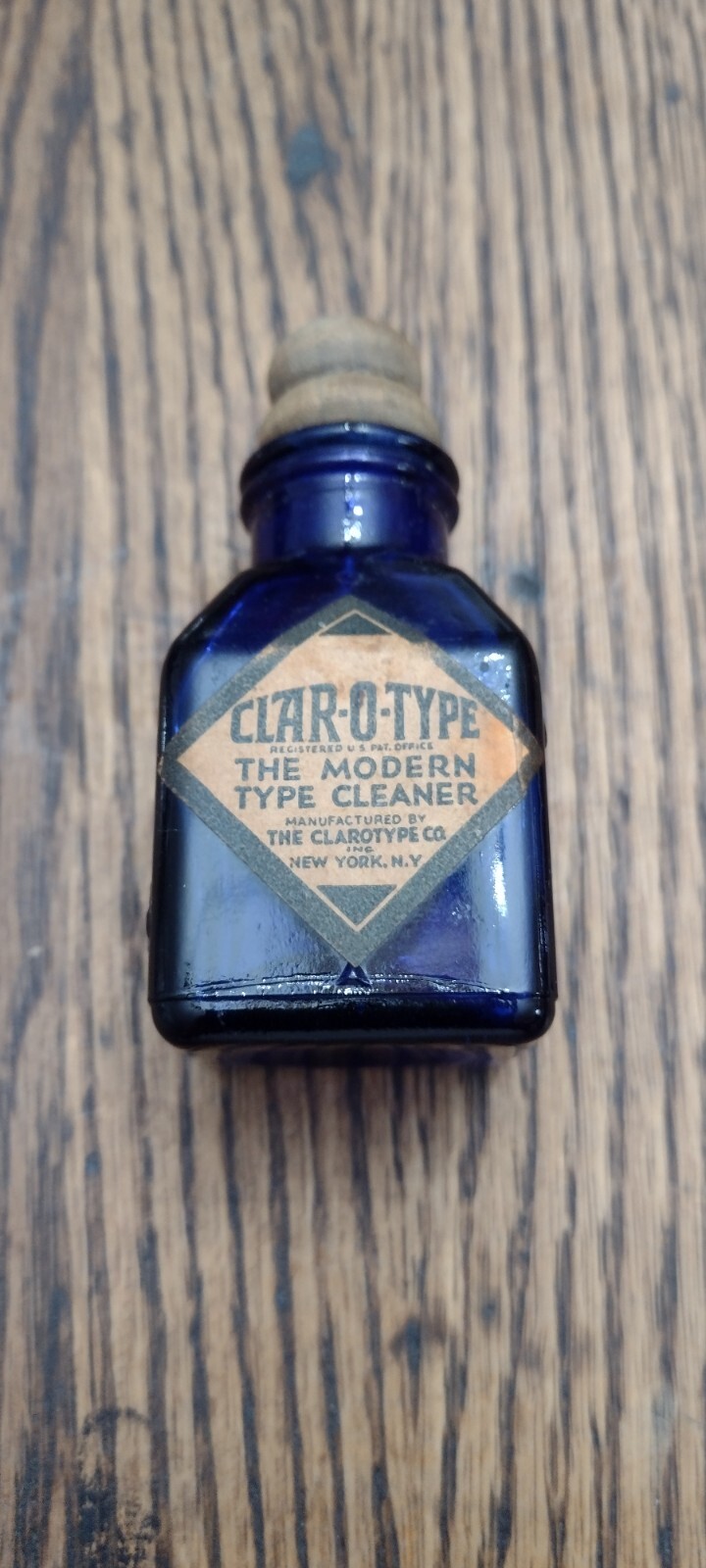 Antique Clar-O-Type Cobalt Blue Bottle – Wooden Stopper – Typewriter Cleaner