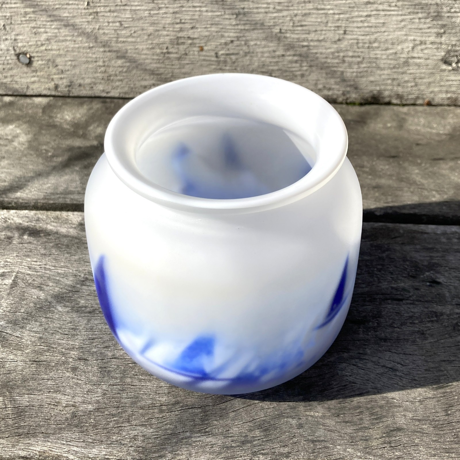 Hadeland Glassverk Frosted Art Glass Vase Norway White Blue Sailboats Signed
