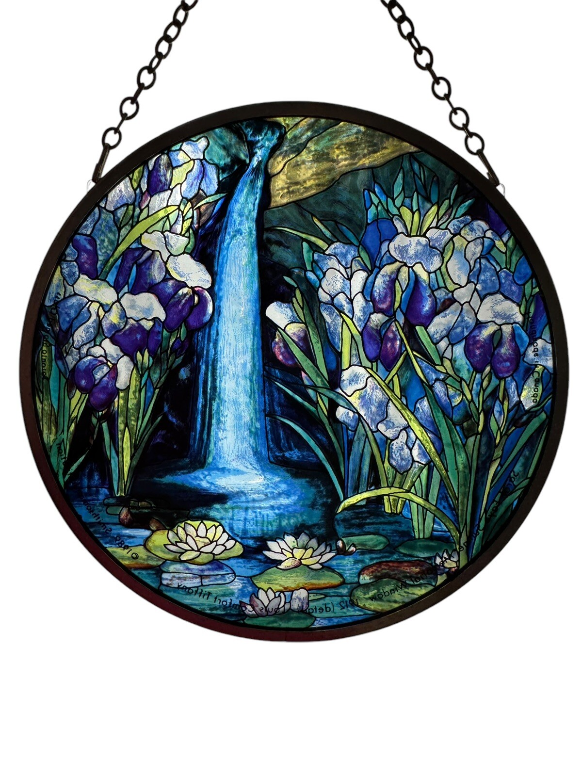 Signed Louis C Tiffany 1989 Toronto Stained Glass Suncatcher Waterfall Iris EUC