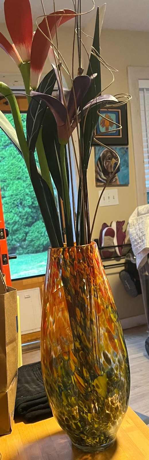 Tall Murano style art glass vase red orange yellow browns