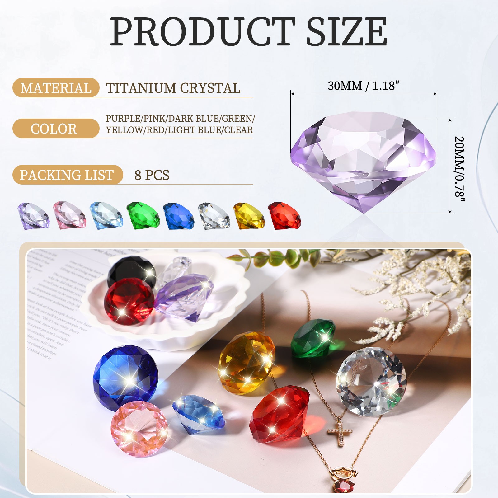 8 Pcs 30mm / 1.18 Inch Diamond Crystal Paperweight, Multicolor