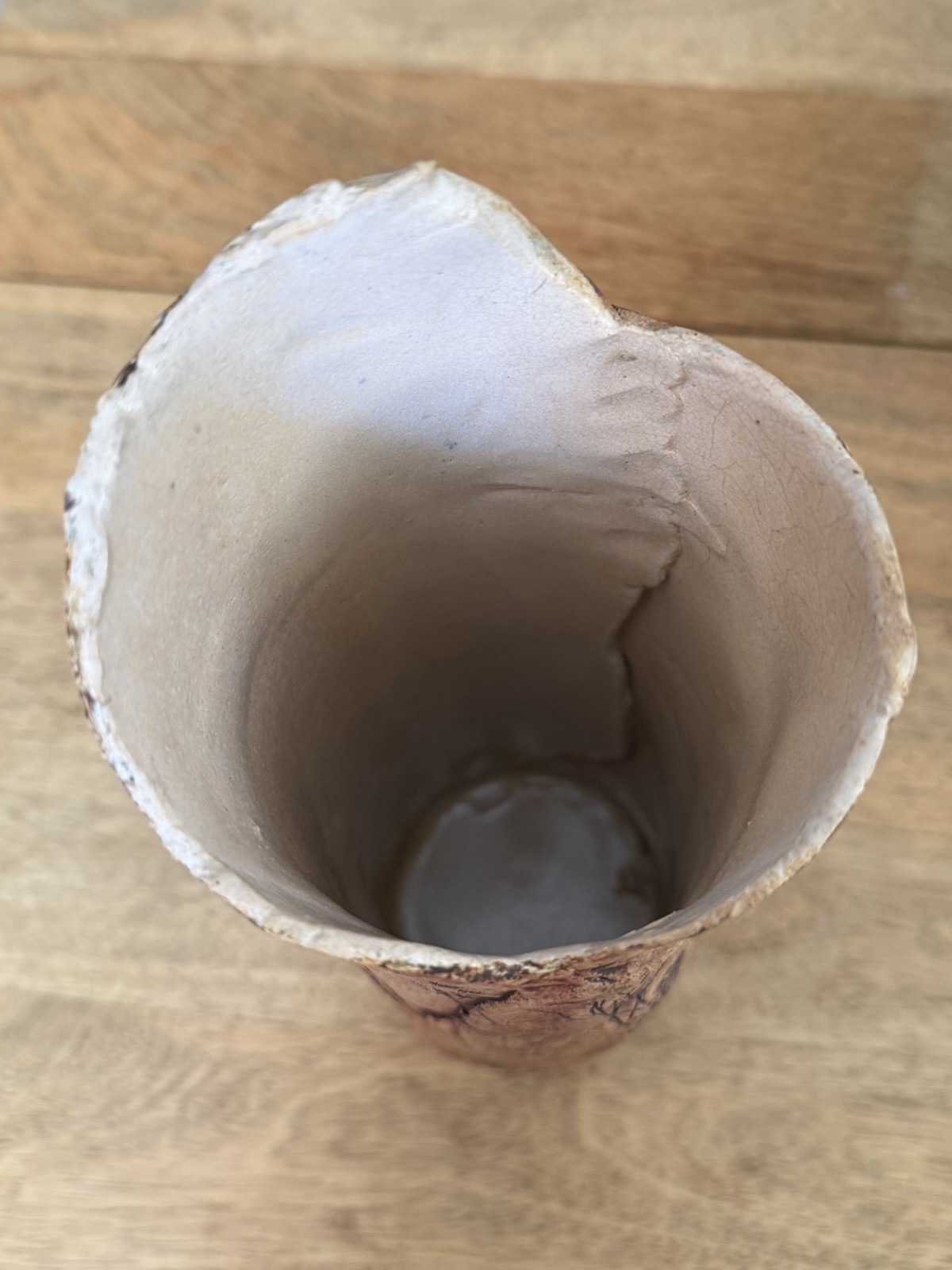 Primitive Pottery Vase Etched Tree Motif Irregular Top Edging 11” 2.4lbs SIGNED