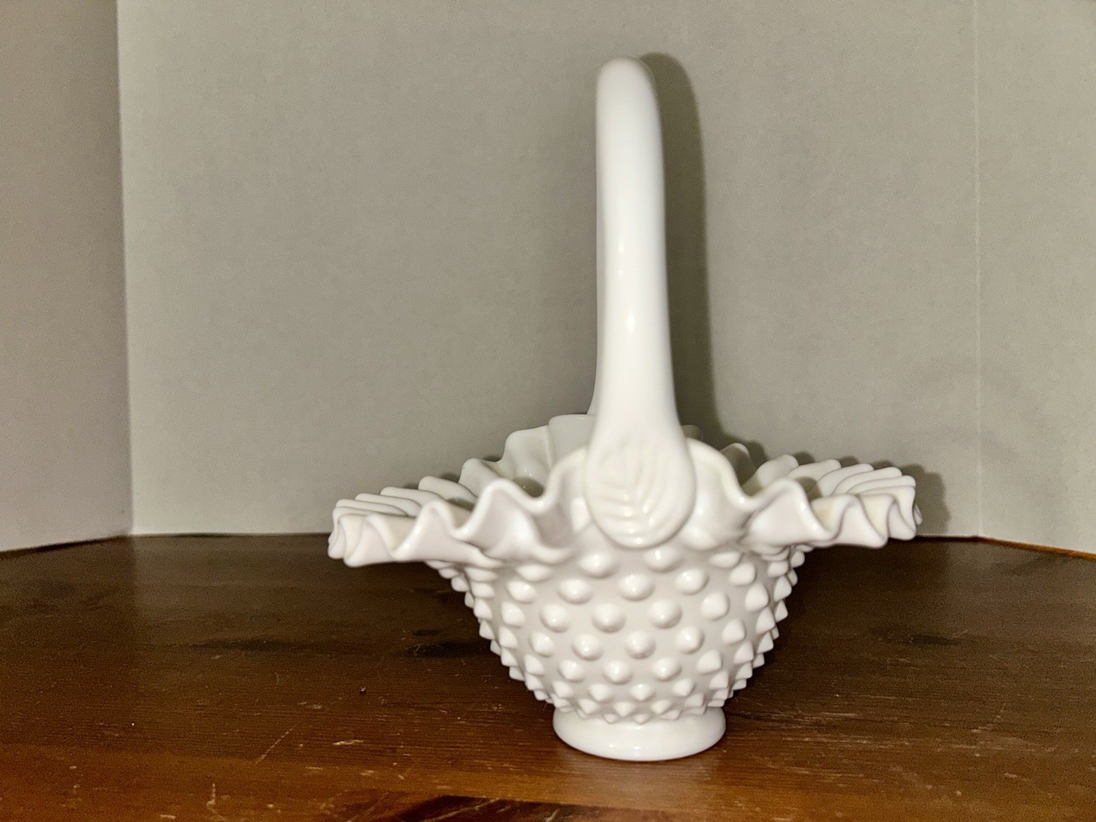 White Milk Glass Hobnail Pattern Ruffled Rim Basket 9”