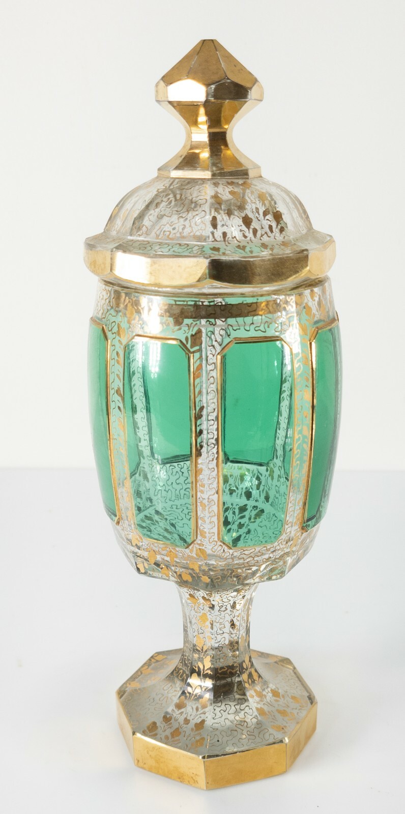 Antique Bohemian Crystal Glass Moser Style Green Cabochon and Gilt Urn Vase
