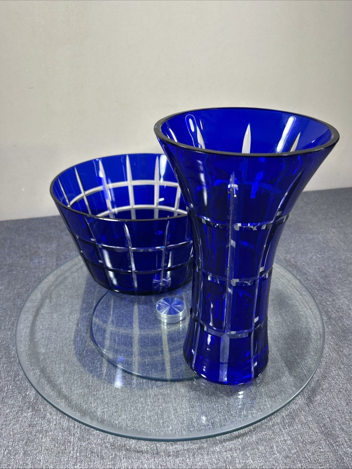 Towle Bohemian Czech Cut to Clear Round Cobalt Blue 9” Vase And 8” Round Bowl
