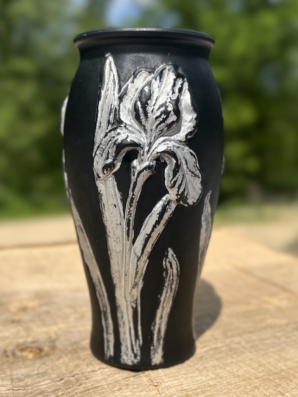 Vintage Tiffin Black Satin Glass Iris Vase Amethyst Interior Art Deco 6.5”