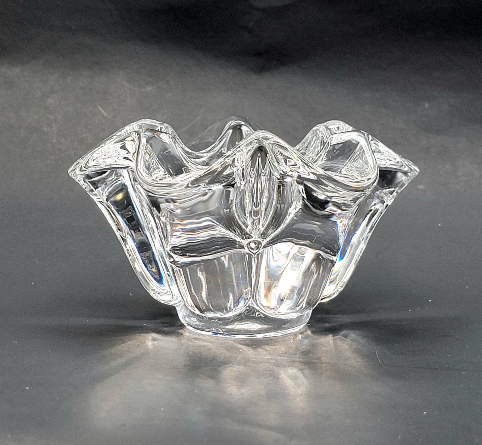 Art Vannes France Clear Crystal Crimped Edge Round Bowl Votive Candle Holder