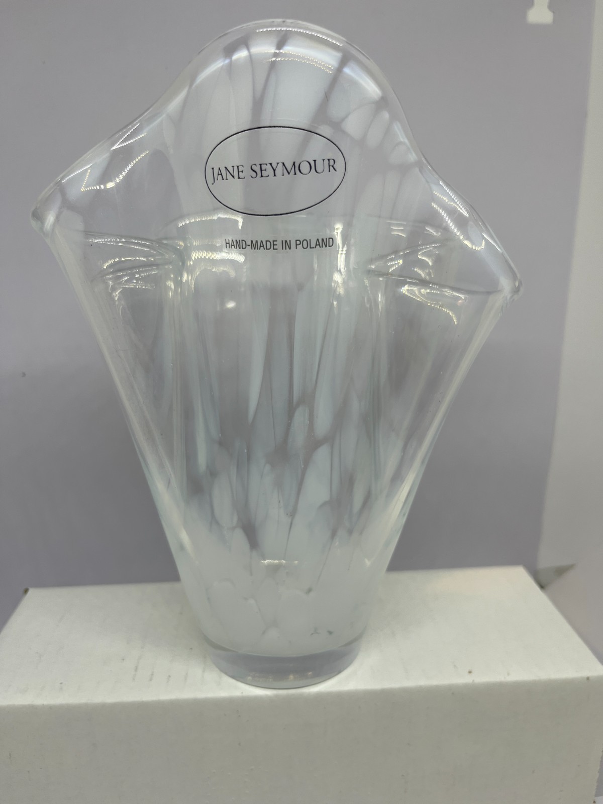 NEW Clear Glass Handkerchief Vase Feminine Jane Seymour w/ white/gray dots