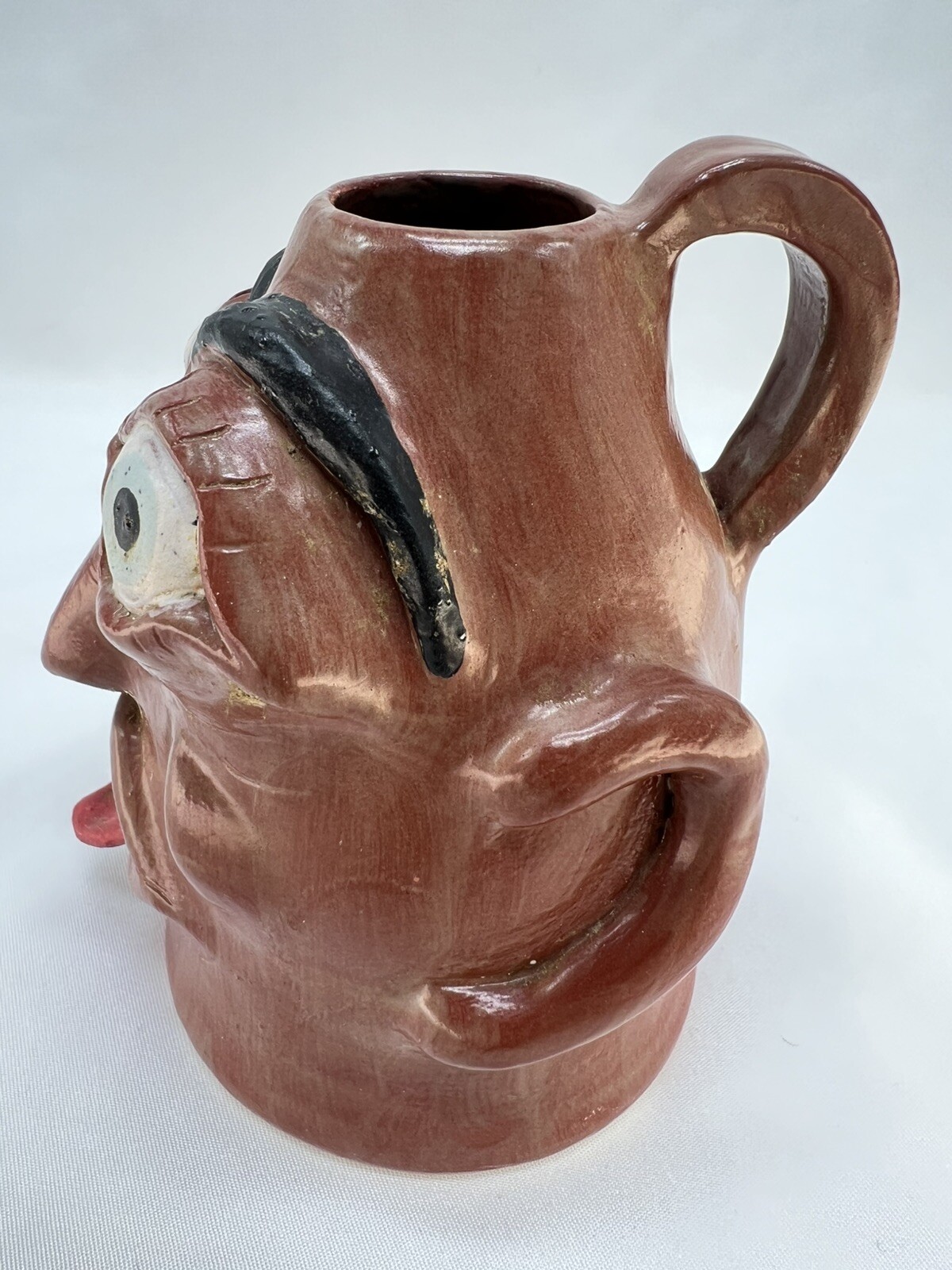 Vintage Face Head Jug Vase Mug Folk Pottery Devil Tongue Lips Teeth Eyes OOAK