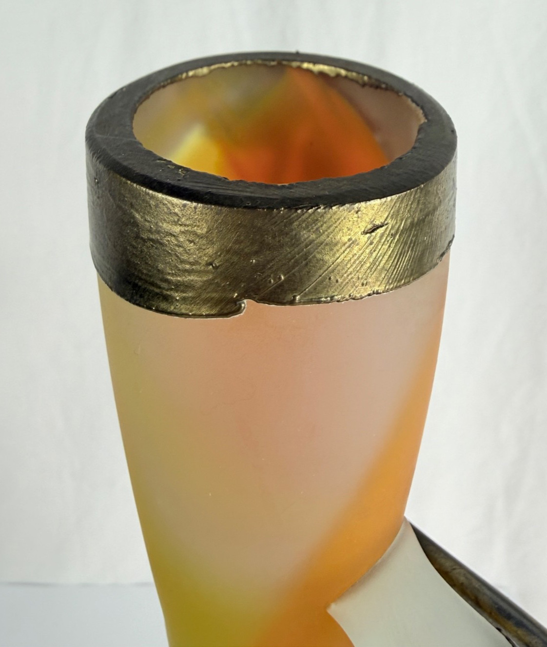 Art Glass Vase Studio Signed Fused Bronze Orange Frosted Vasile Vardan Style VTG