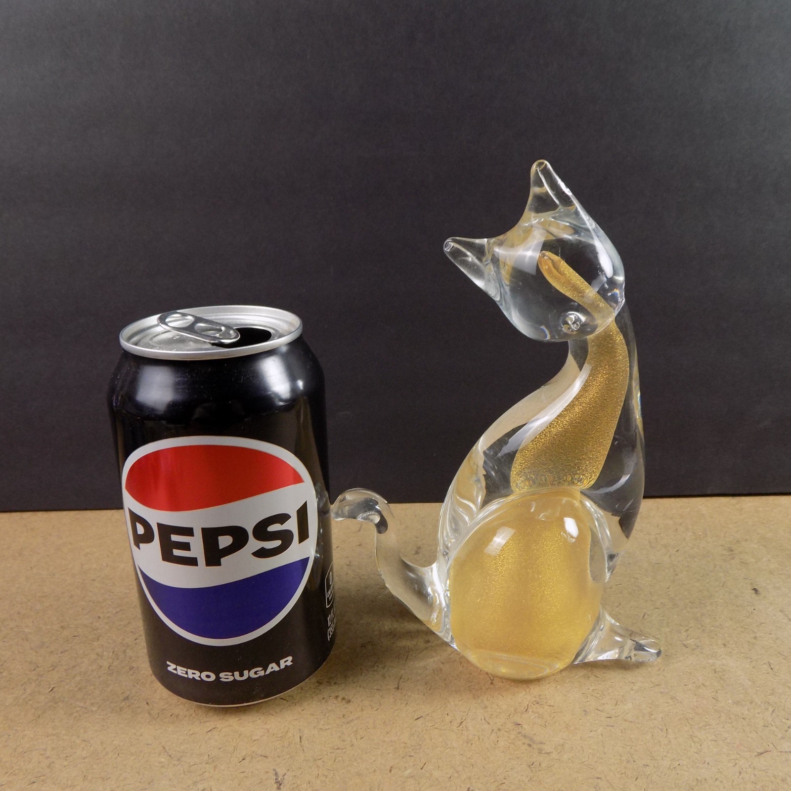 Murano Art Glass Cat Figurine Clear & Gold 7″ Tall VGC Italy